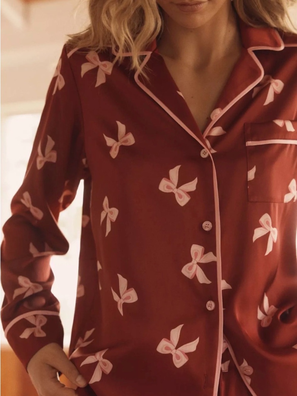 Beach Riot Red Satin Pajama Top with Pink Bow Print